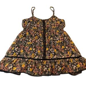 Decree Womens Floral Babydoll Camisole Top Black Lace Trim Button Front Large